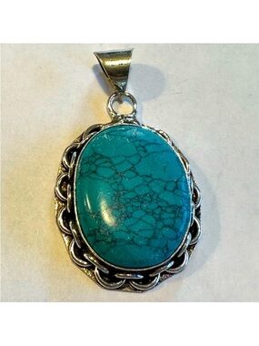 Turquoise Stone Oval Pendant Silver-tone Setting